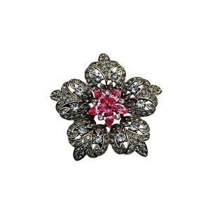 Elegant Flower Brooch Antiqued Gold Tone with Pink and Smokey Crystals